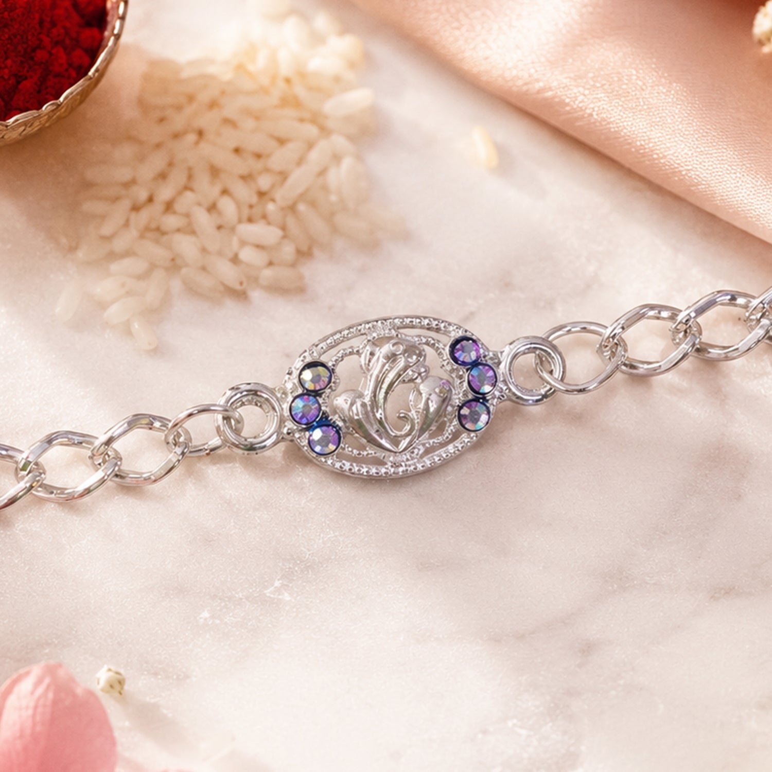 Premium Silver Ganesha Rakhi with Stones Chain Bracelet for Brother (1 Pc)
