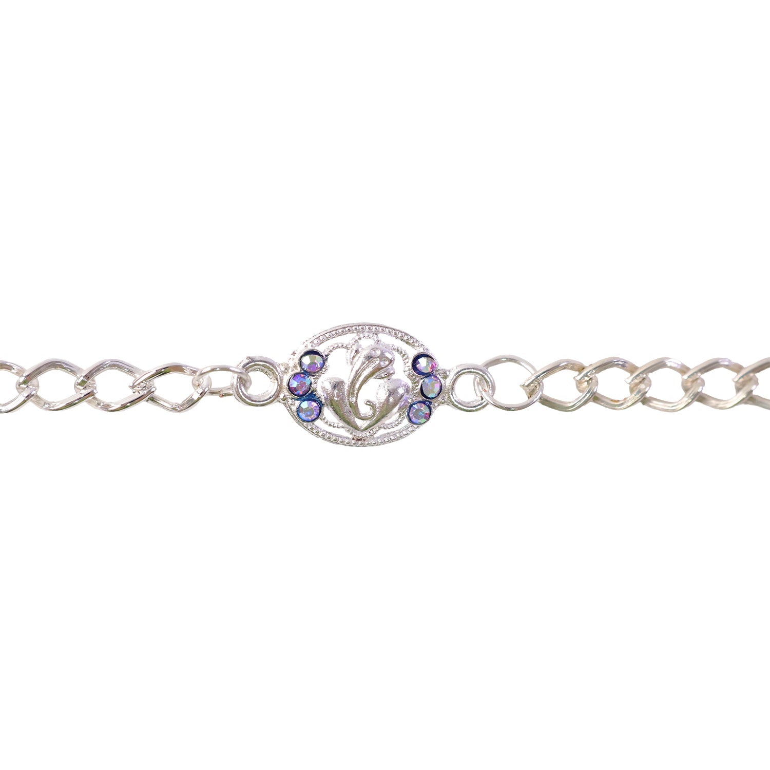 Premium Silver Ganesha Rakhi with Stones Chain Bracelet for Brother (1 Pc)