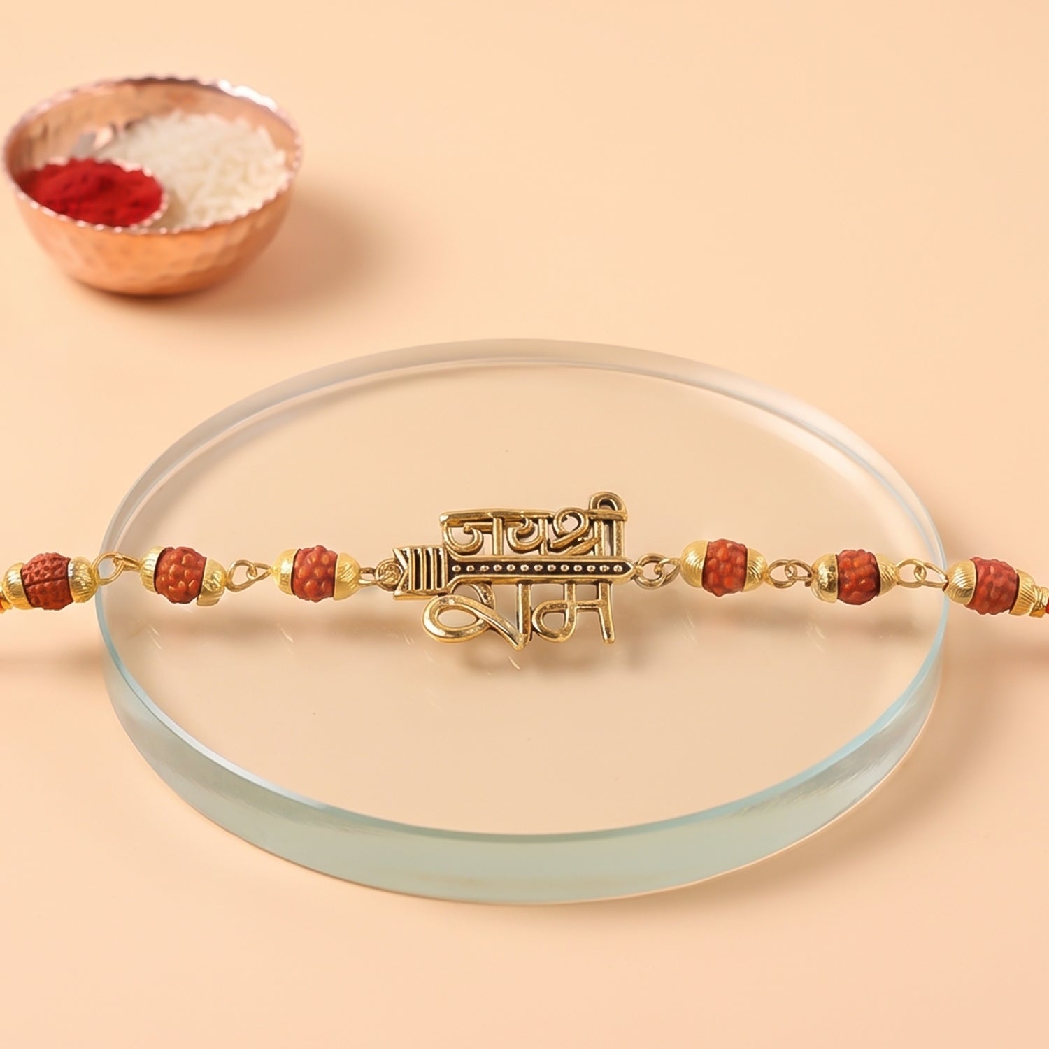 Jai Shree Ram Rudraksha Rakhi, Golden Arrow Pendant Beaded Rakhi for Brother (1 Pc)