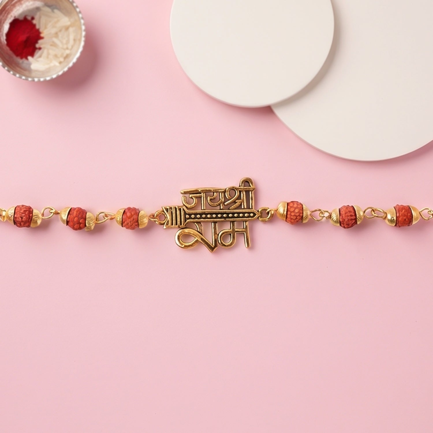 Jai Shree Ram Rudraksha Rakhi, Golden Arrow Pendant Beaded Rakhi for Brother (1 Pc)