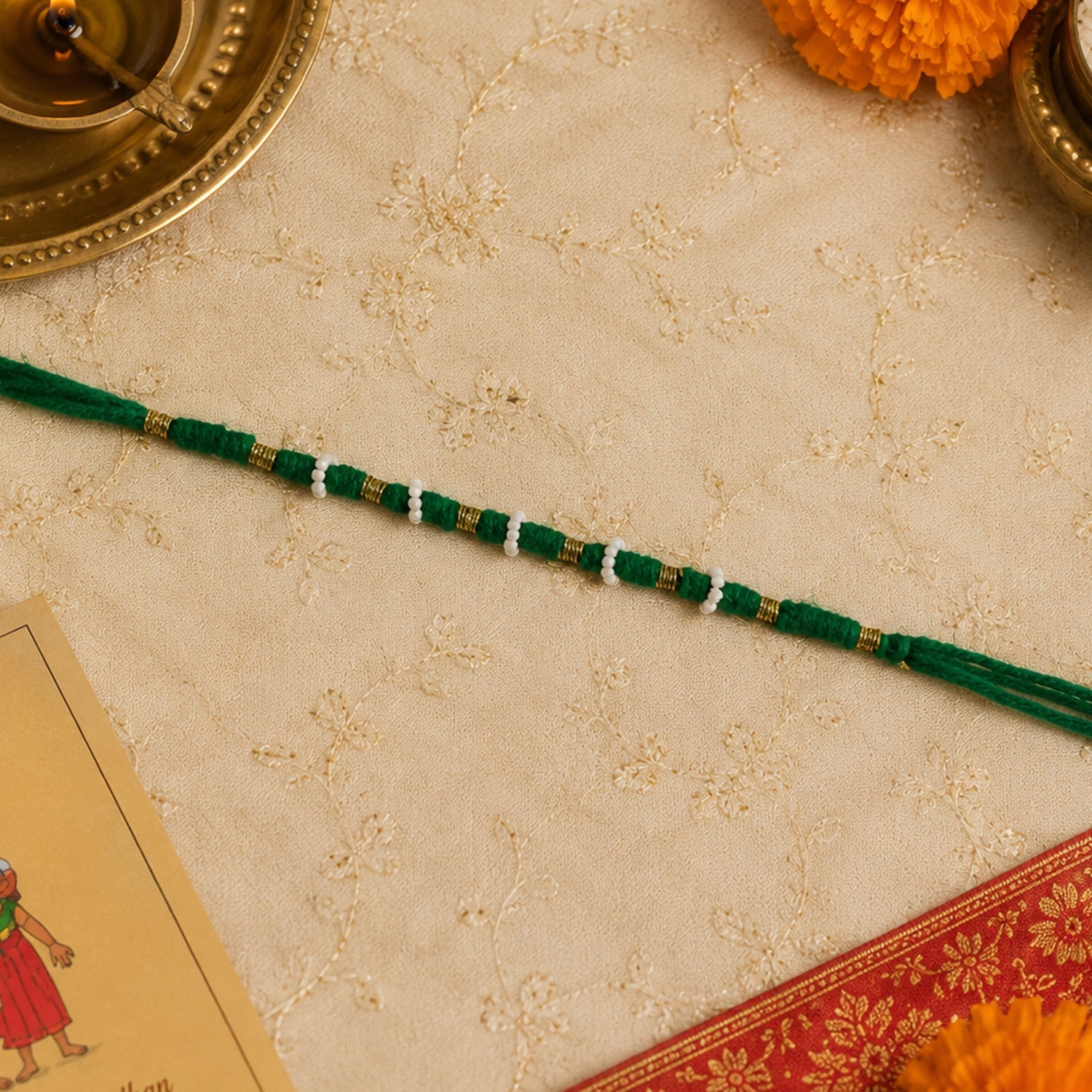 Traditional Green Pearl Beaded Rakhi (1 Pc, Mix Color)