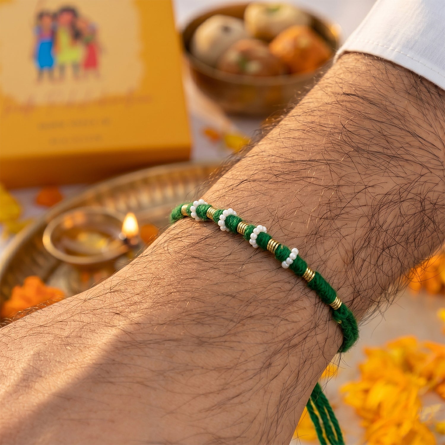Traditional Green Pearl Beaded Rakhi (1 Pc, Mix Color)