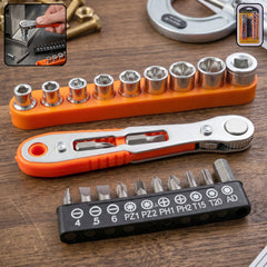 Mini ratchet wrench set with sockets and screwdriver bits for versatile repairs
