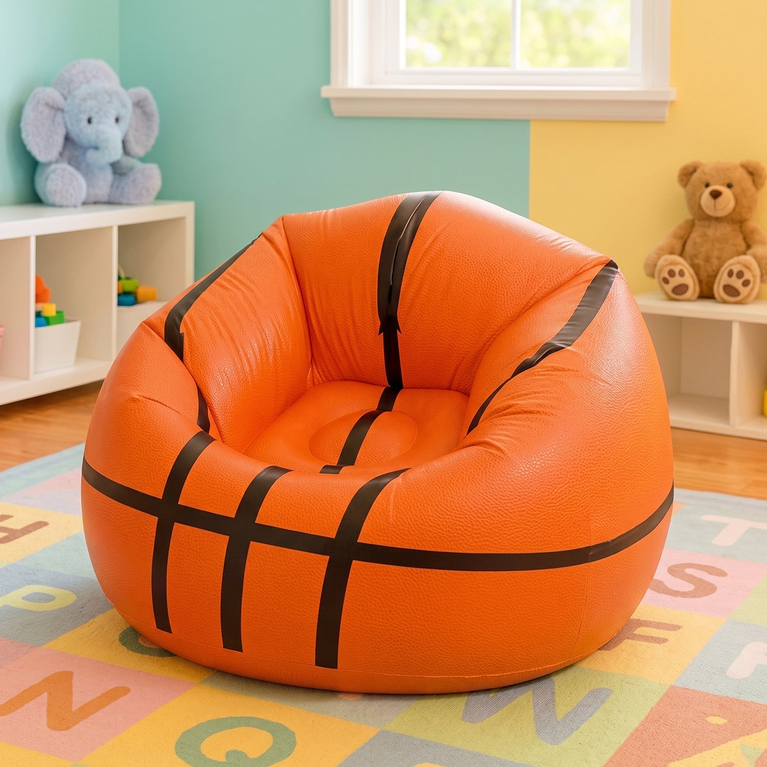 Colorful inflatable sofa set up in a living room