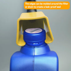 Close-up of tapered tip of the plastic funnel fitting into narrow filler openings.