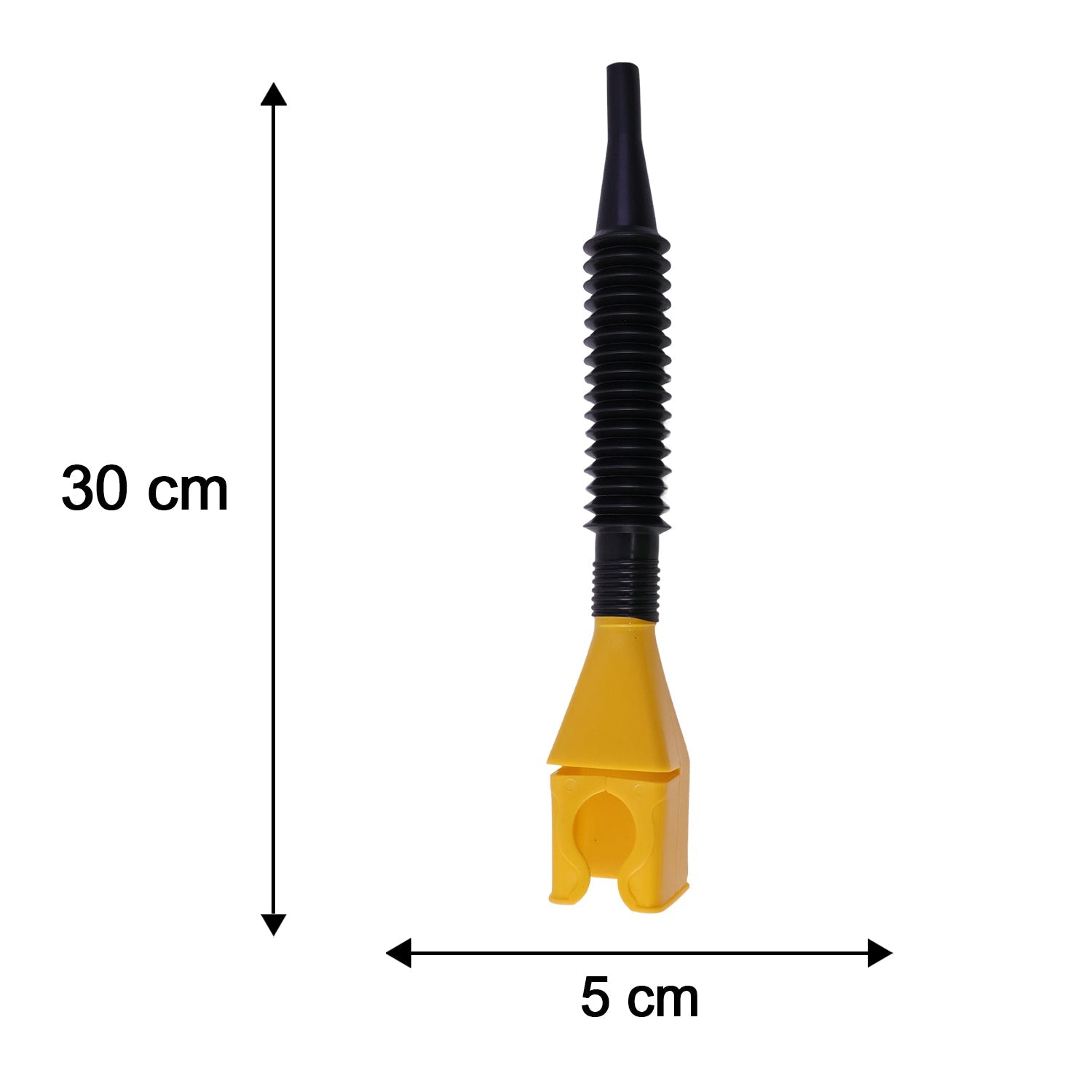 Flexible plastic funnel showing its extended length and compact design.