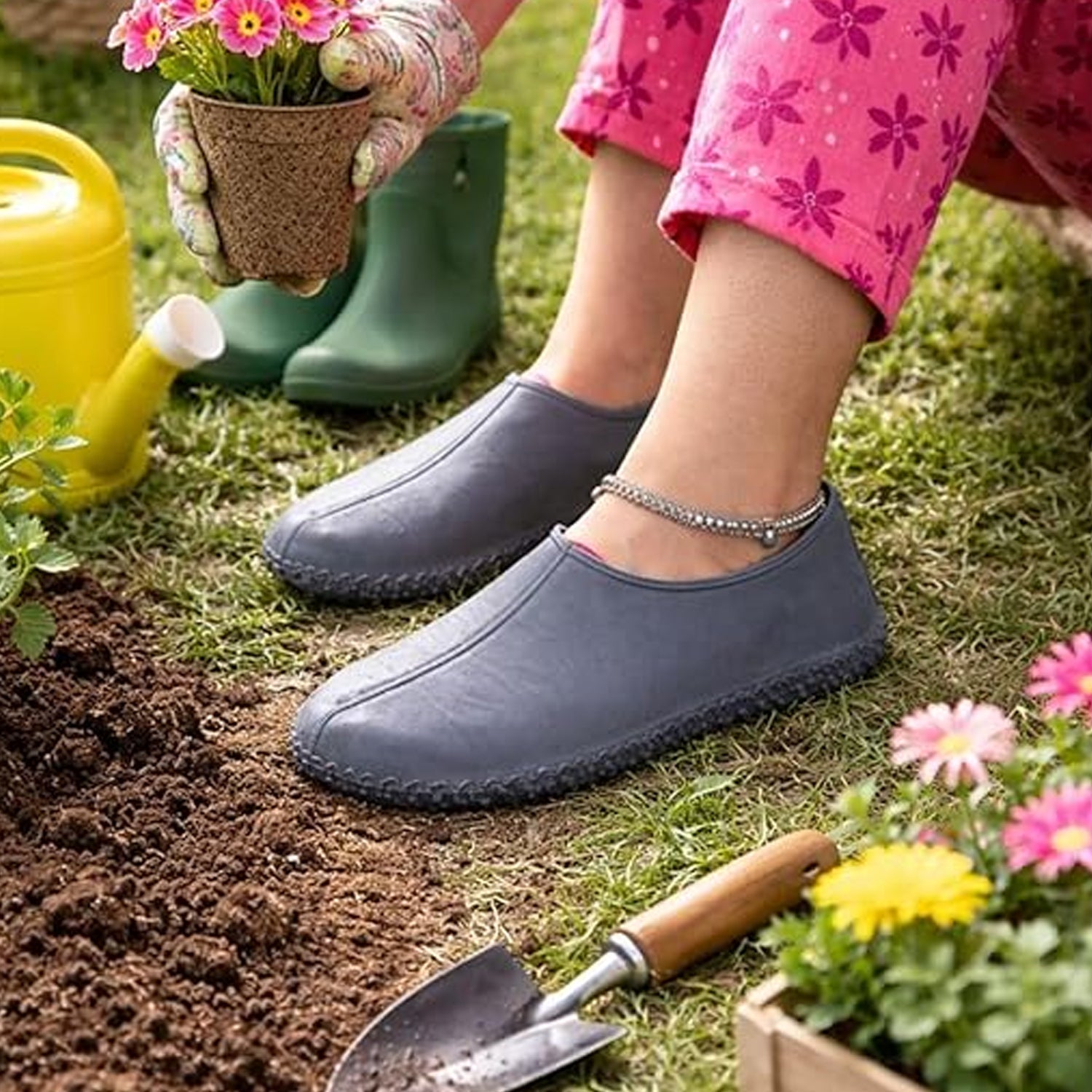 Silicone shoe covers folded compactly for easy carrying