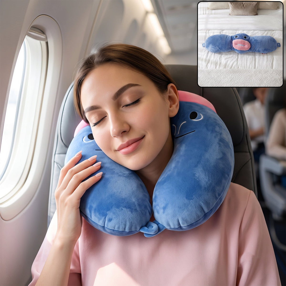 U Shaped Neck Pillow Blue Cute Character Travel Pillow Soft Support (1 Pc)