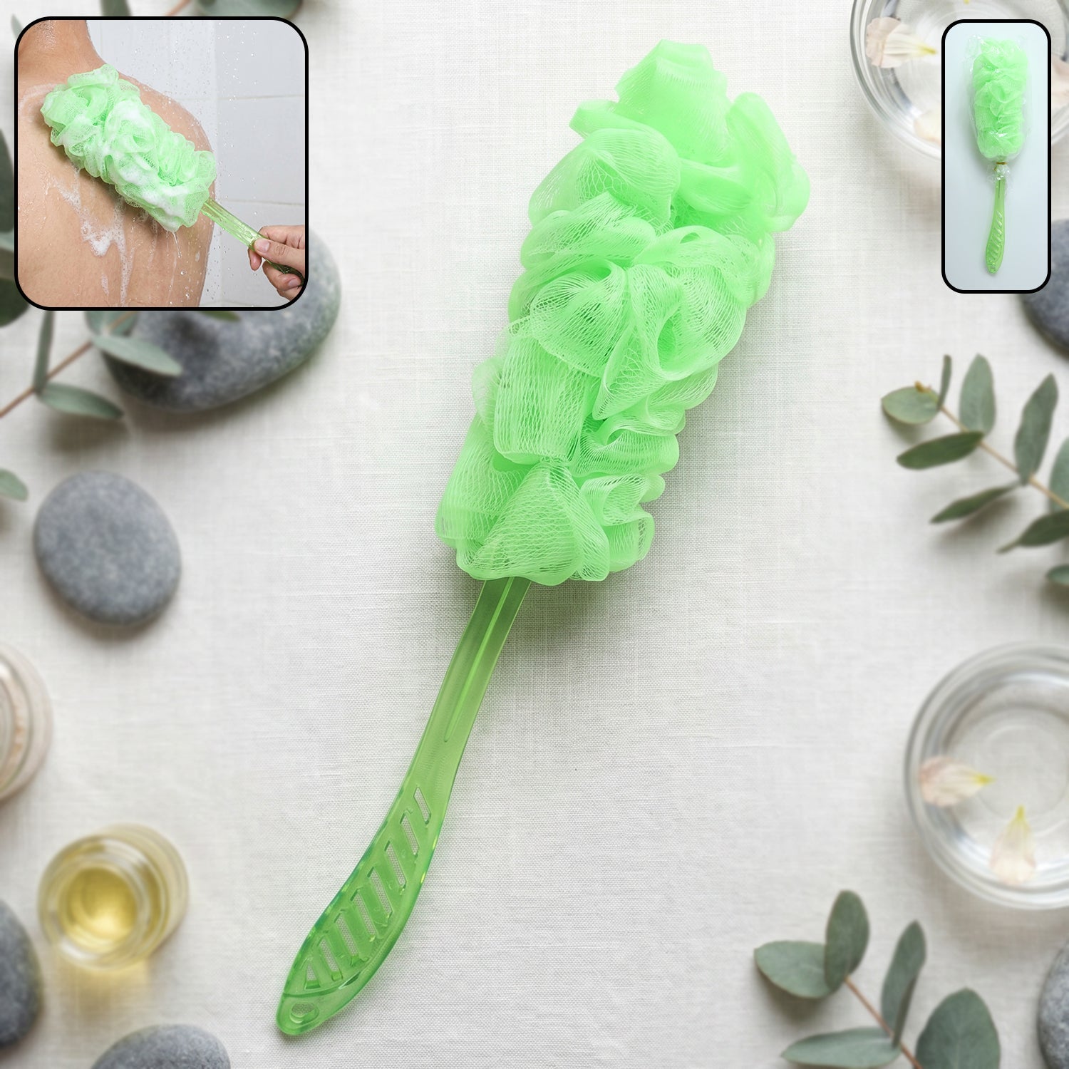Extra long handle bath loofah brush front view