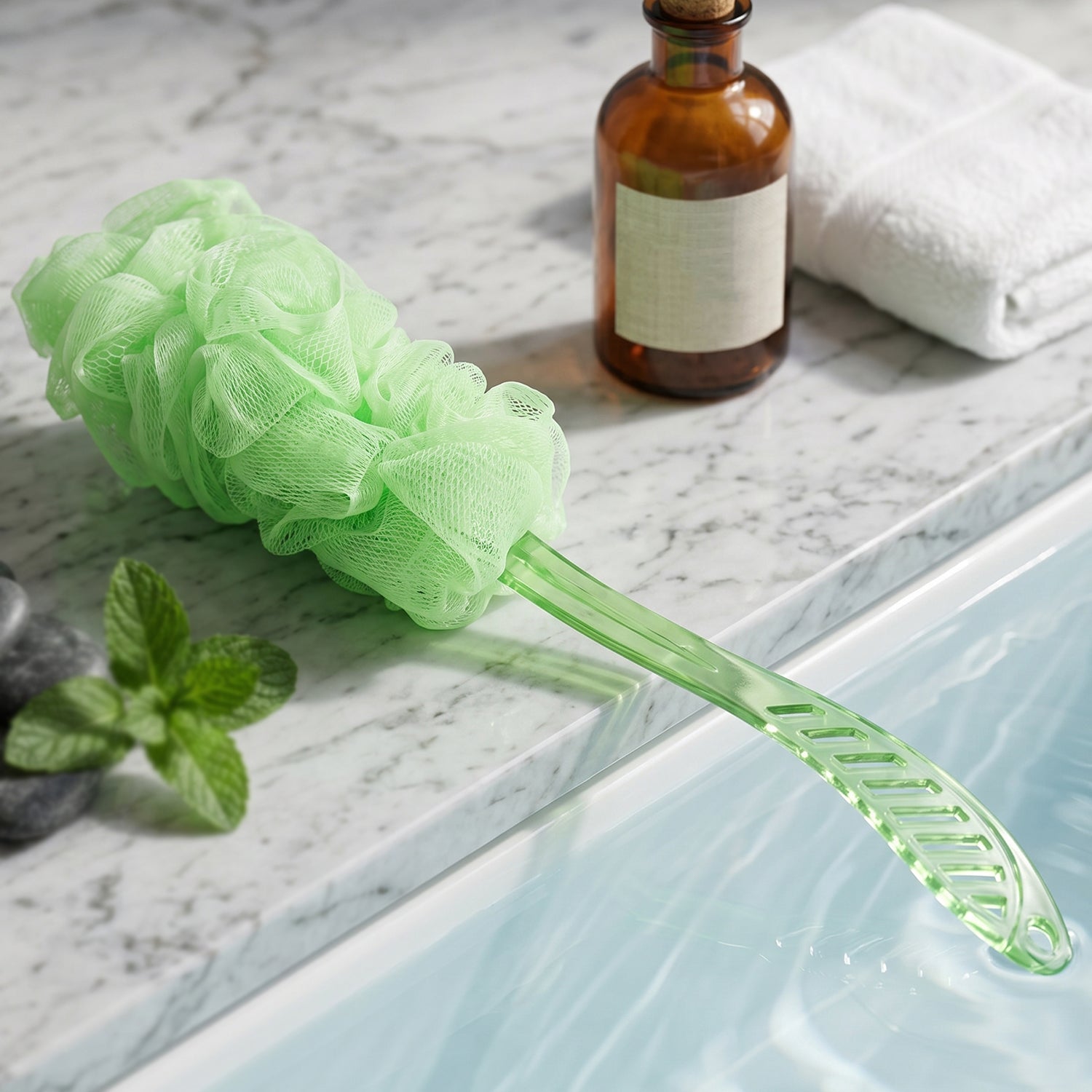 Long handle bath loofah brush side profile