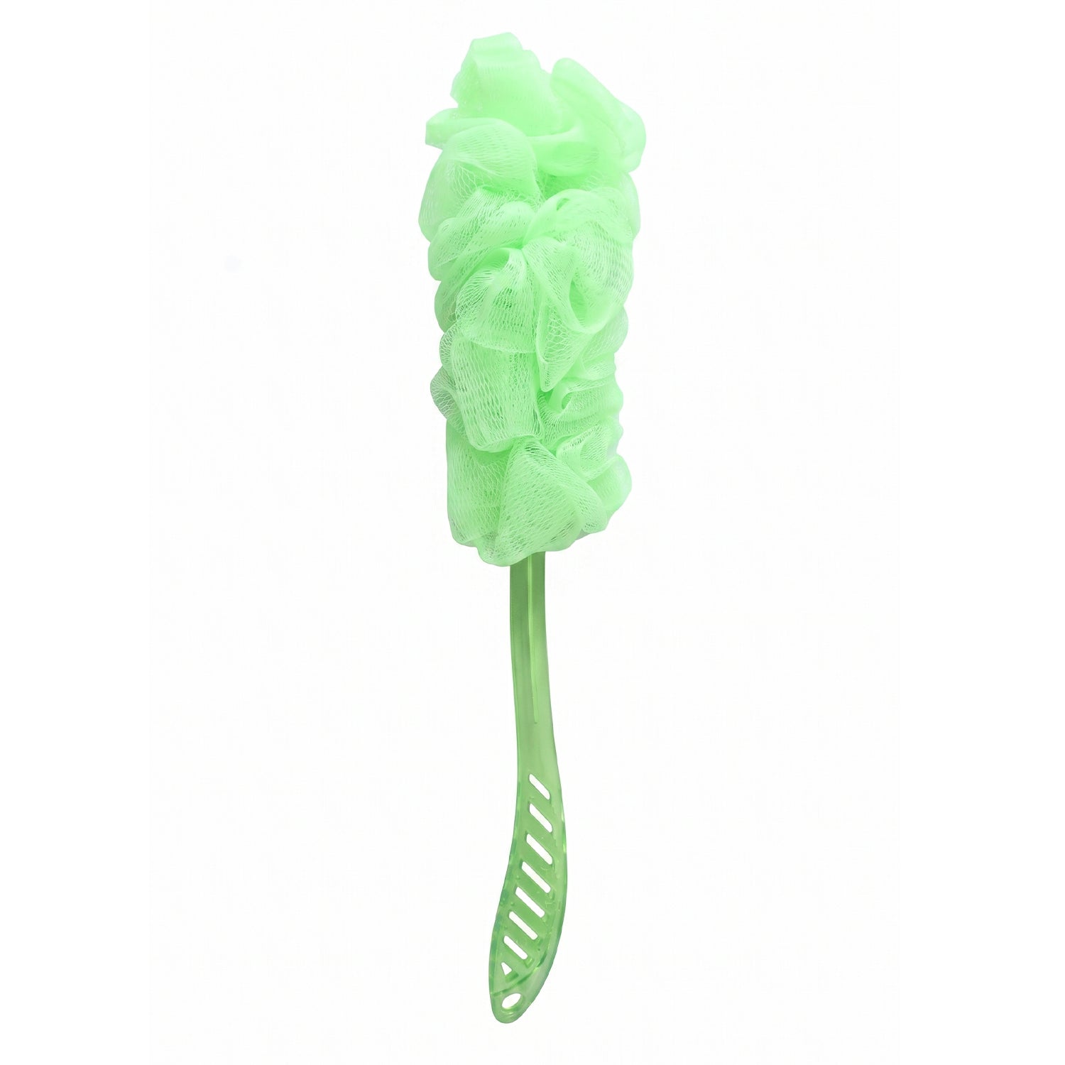 Bath loofah brush showing ergonomic handle design
