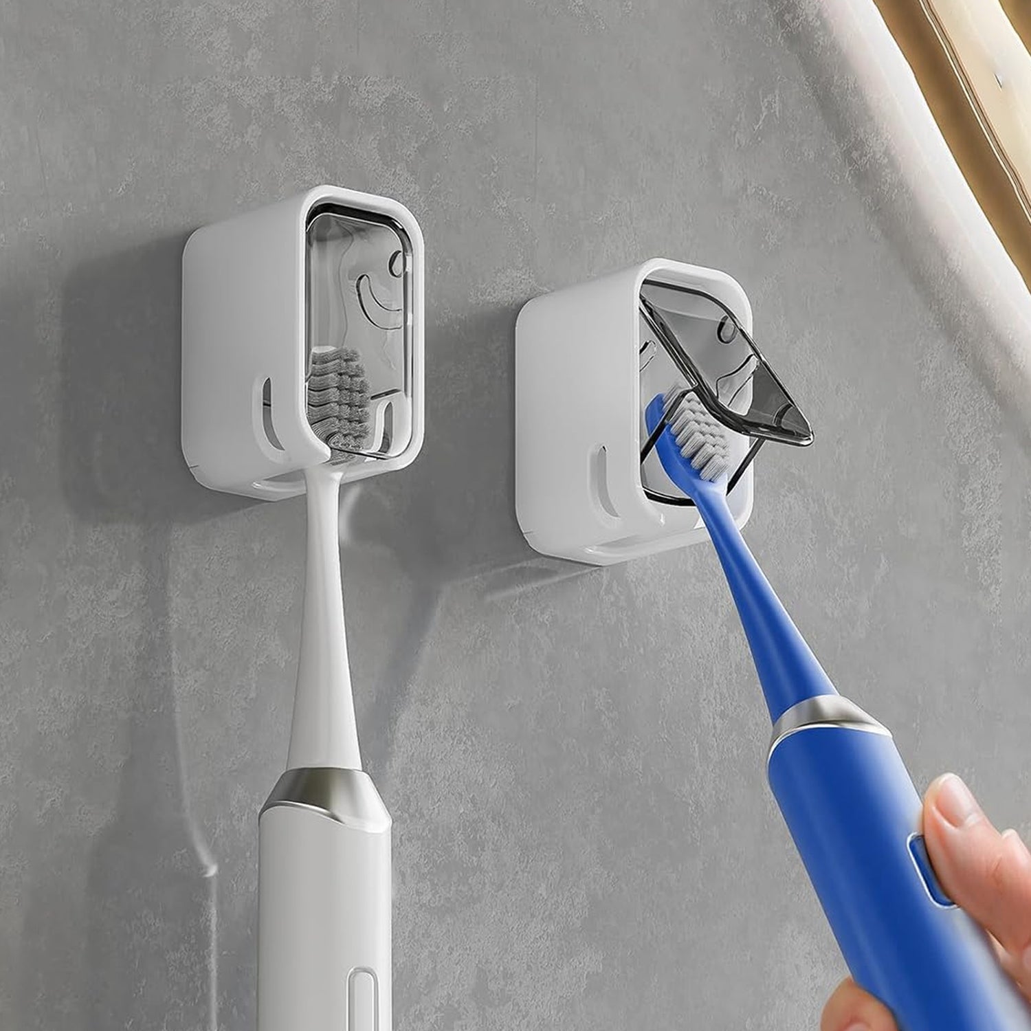 Close-up of open slot for water drainage on toothbrush holder