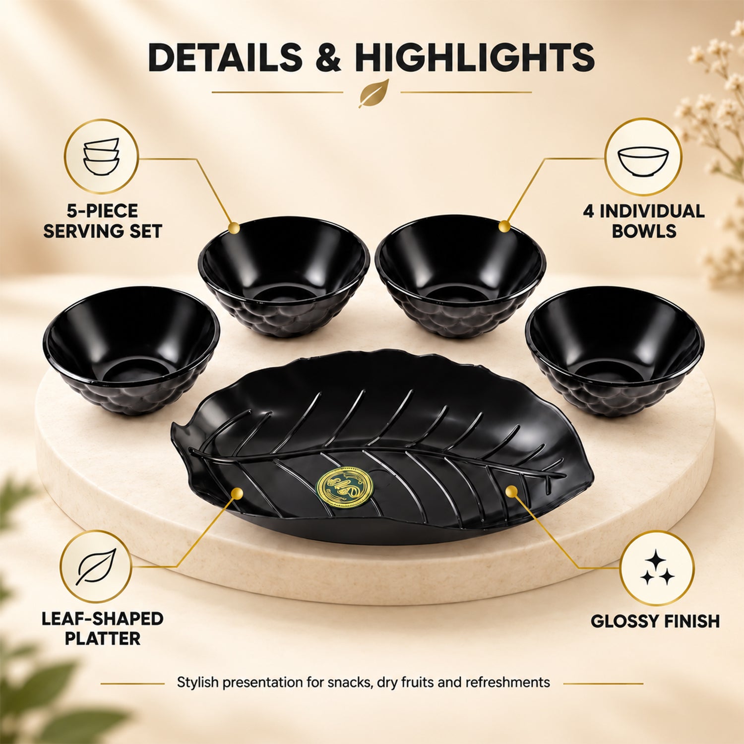 Product details graphic showing a black leaf-shaped platter and four small black bowls with text descriptions.