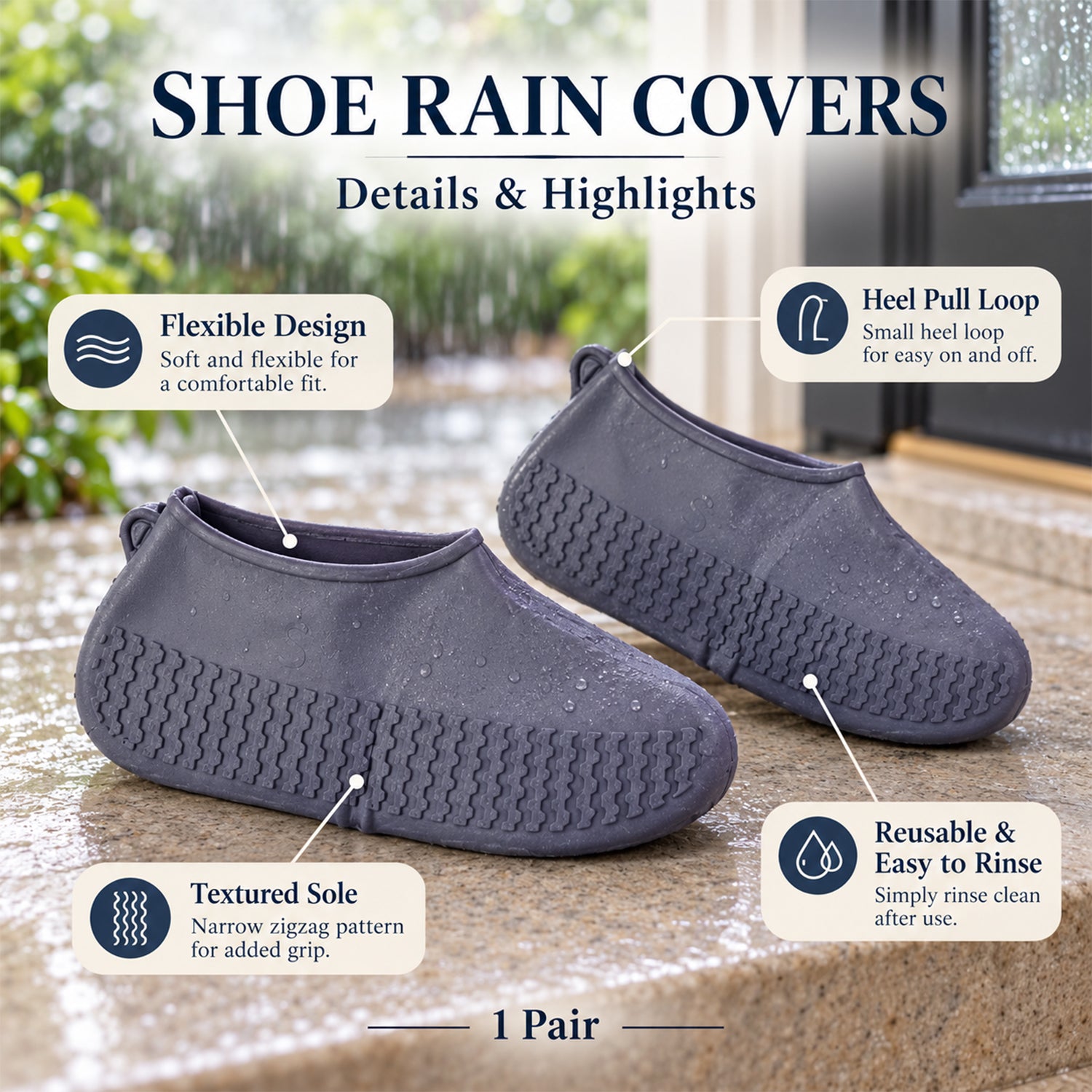 Reusable Silicone Rain Shoe Covers with Textured Sole (1 Pair, Small Size)