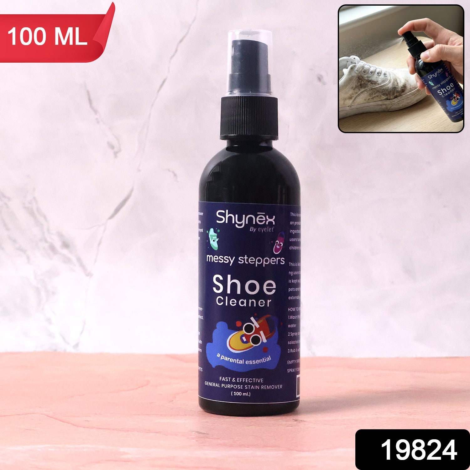 Close-up of Messy Steppers Shoe Cleaner Spray bottle label