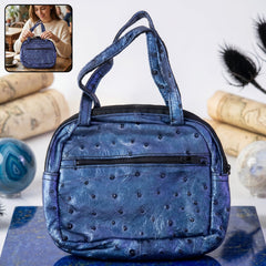 Stylish metallic blue mini handbag with embossed ostrich pattern for women