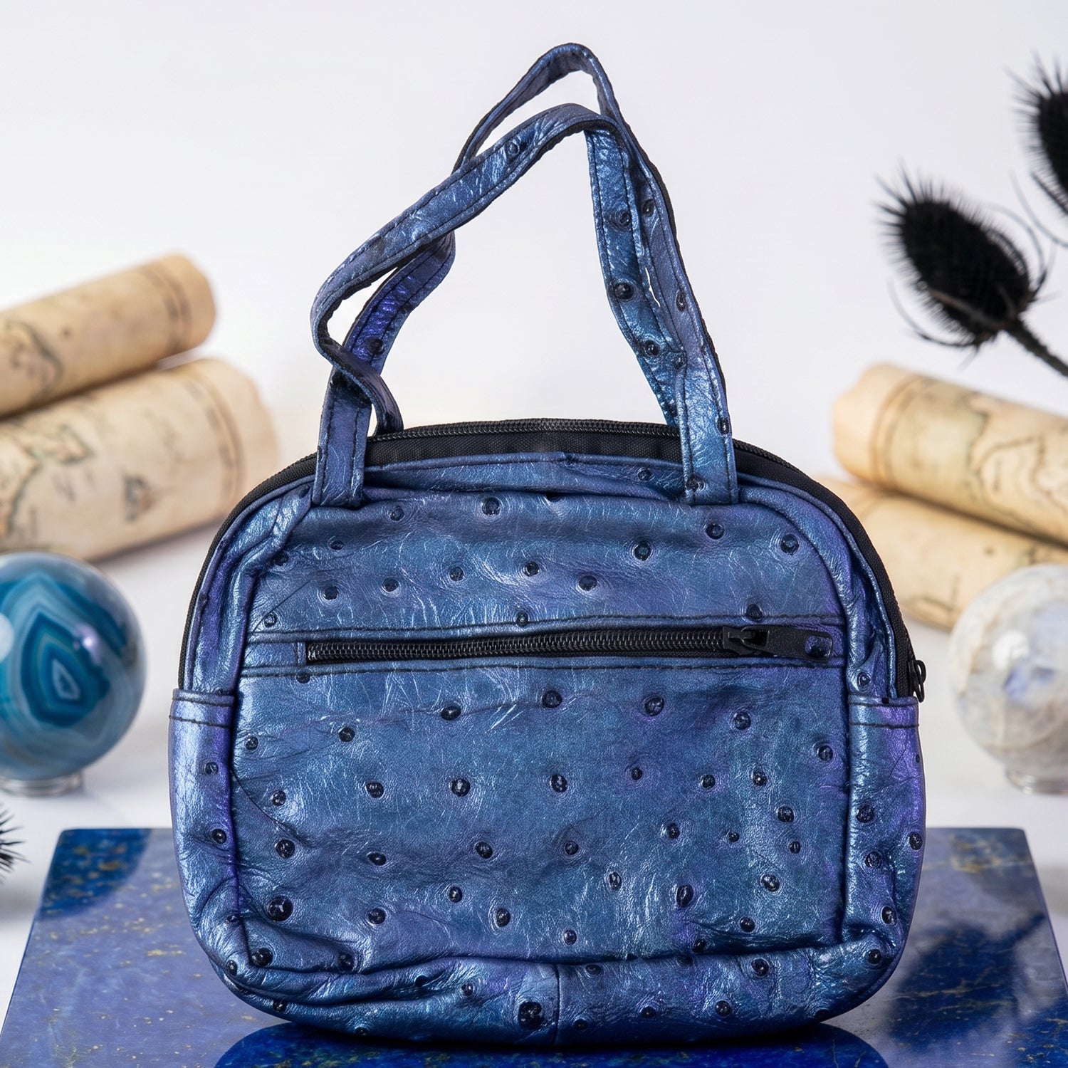Fashionable metallic blue mini purse, ideal for casual and festive outings