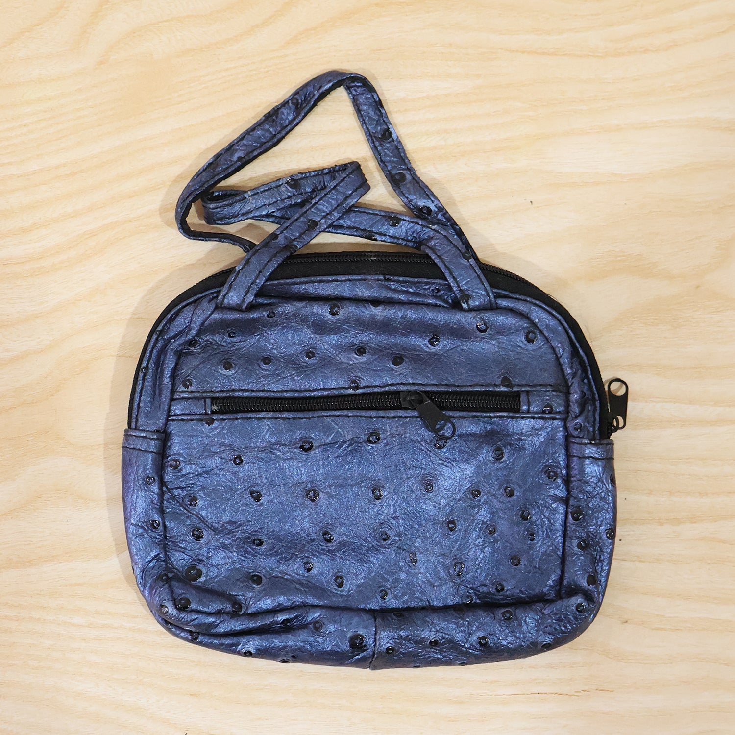 Mini Zipper Handbag â€“ Metallic Blue Ostrich Pattern for Women