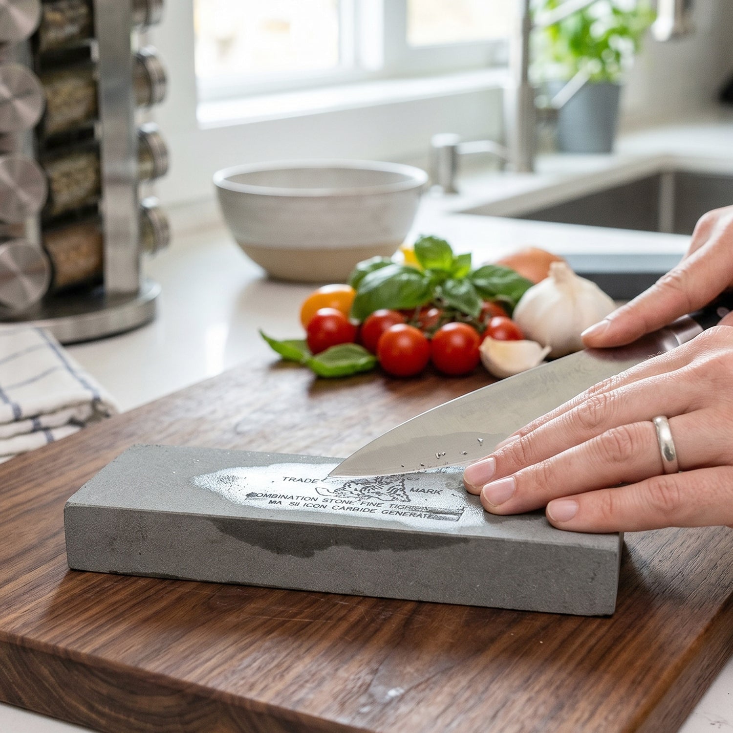 A person sharpens a knife on a gray whetstone on a wooden cutting board, with fresh vegetables in the background.