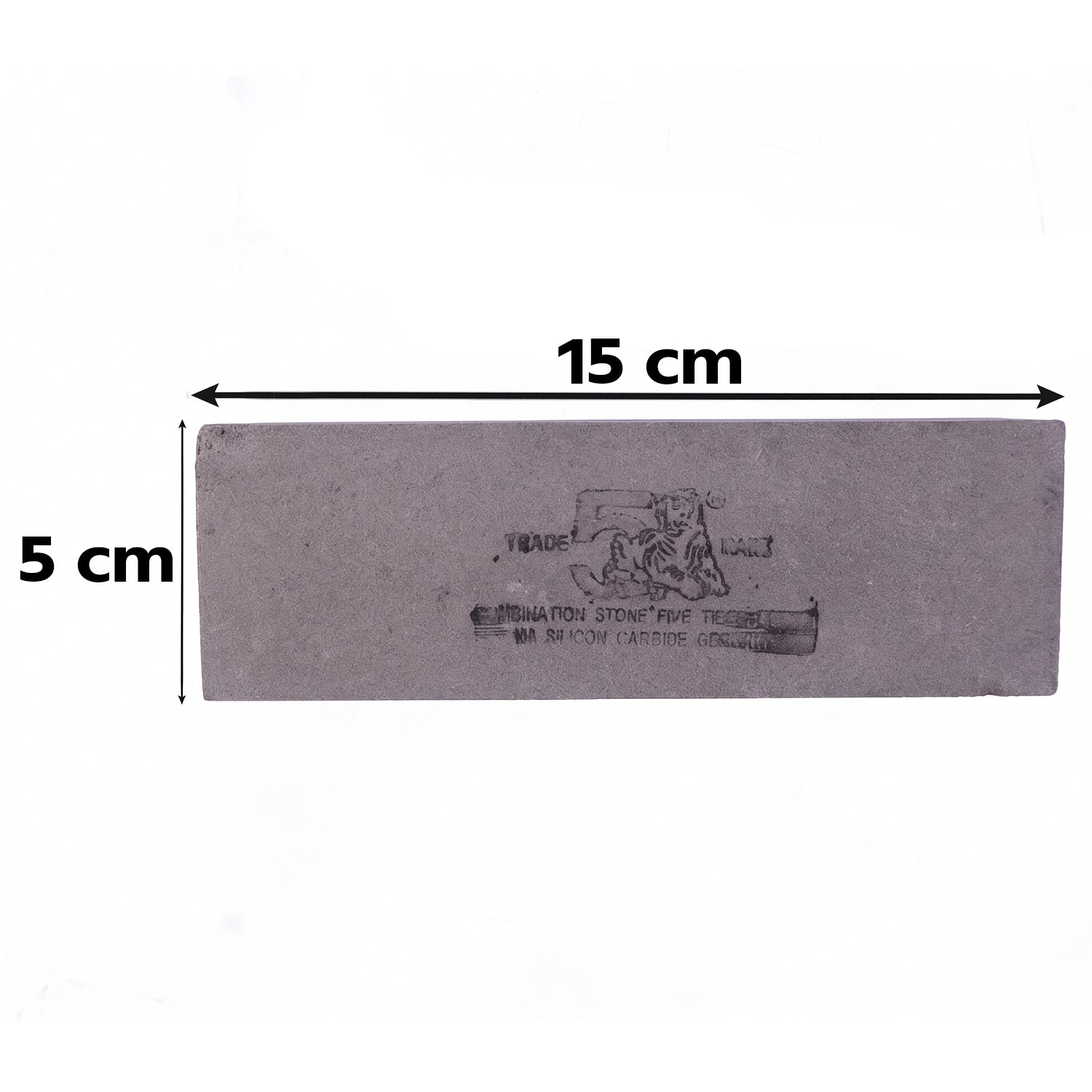 A gray silicon carbide whetstone with black text is shown with 15 cm length and 5 cm width dimensions.