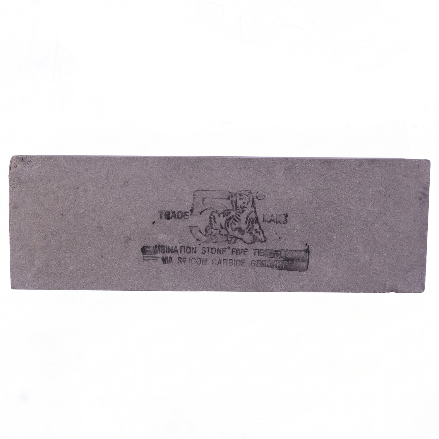 A rectangular gray silicon carbide whetstone with black text is centered on a white background.