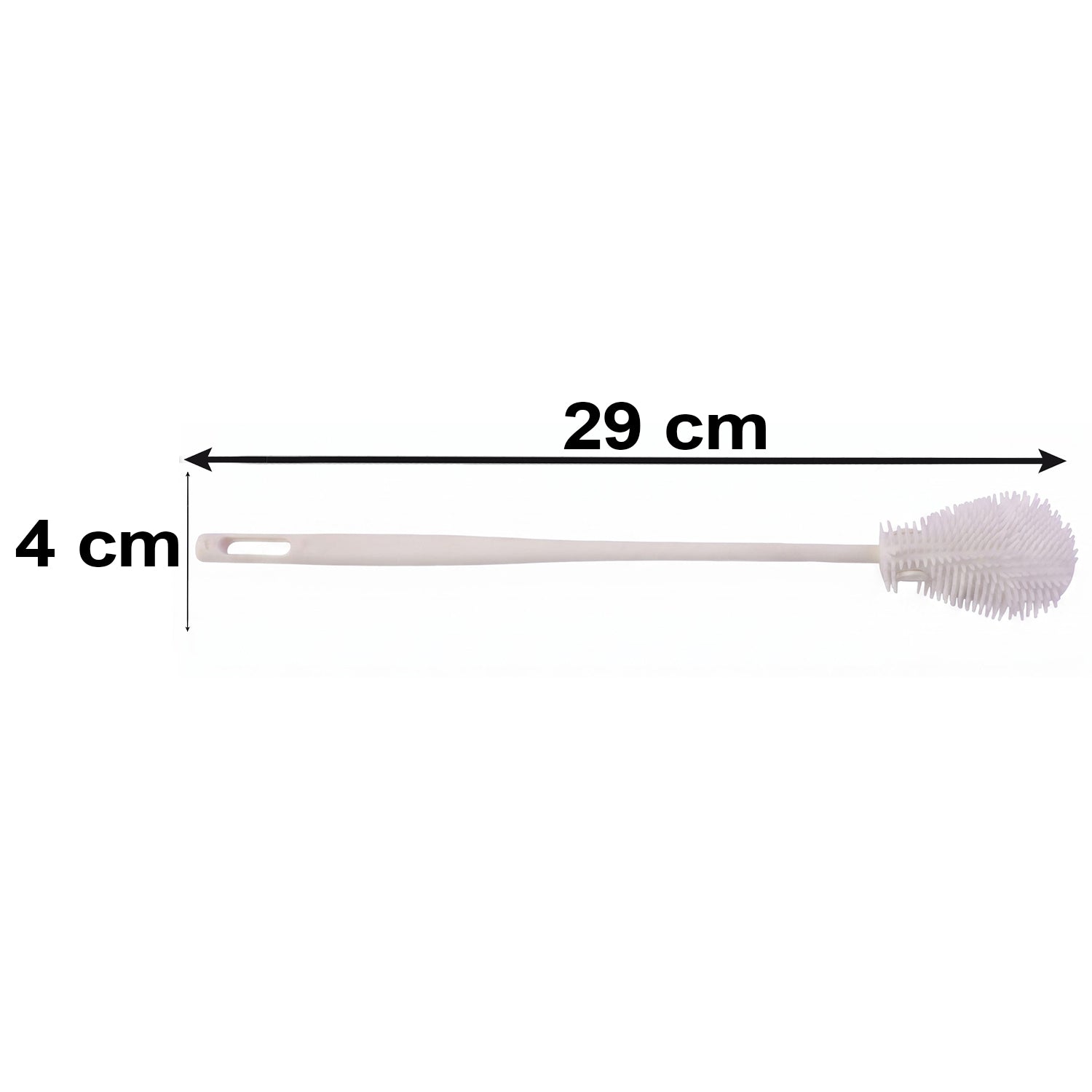 A long, white silicone bottle cleaning brush with dimensions of 29 cm length and 4 cm width on a white background.