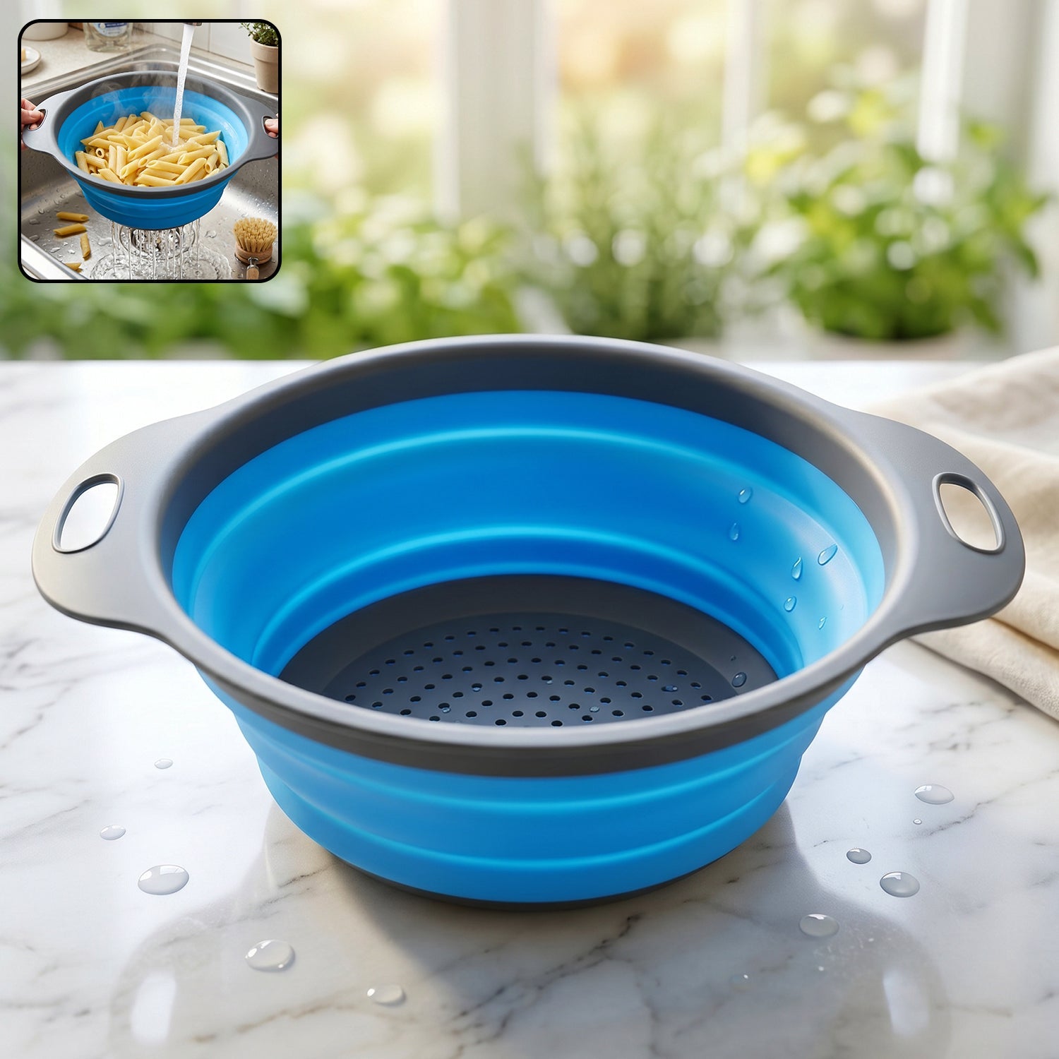 Blue foldable silicone colander with handles for easy draining and washing.
