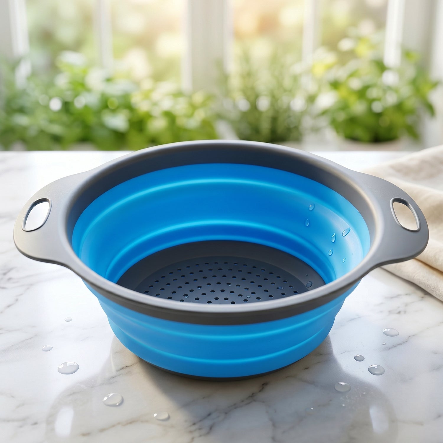 Blue silicone colander with handles, perfect for draining rice, vegetables, and pasta.