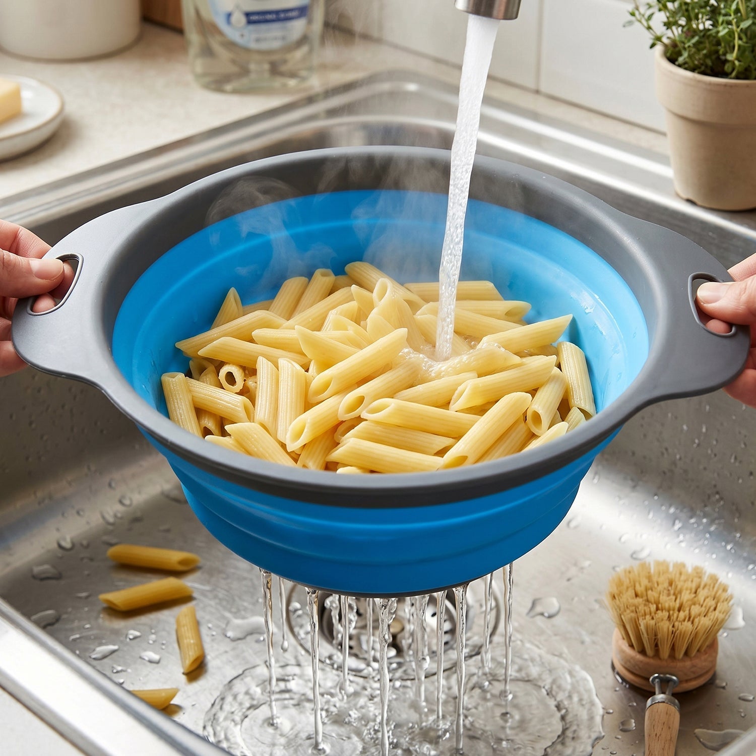 Multi-use collapsible silicone strainer for washing and draining in small kitchens.
