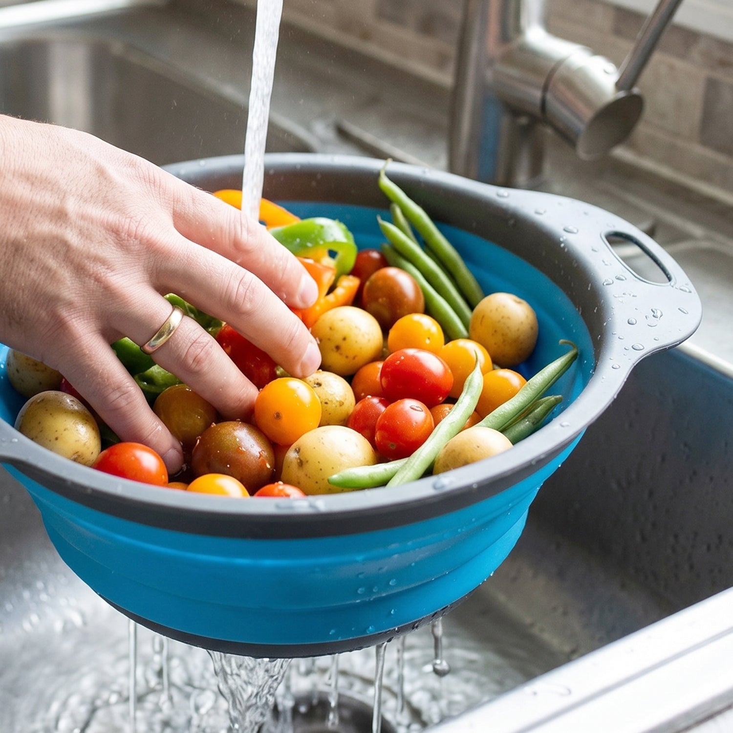 Compact silicone kitchen strainer designed for easy storage and versatile use.
