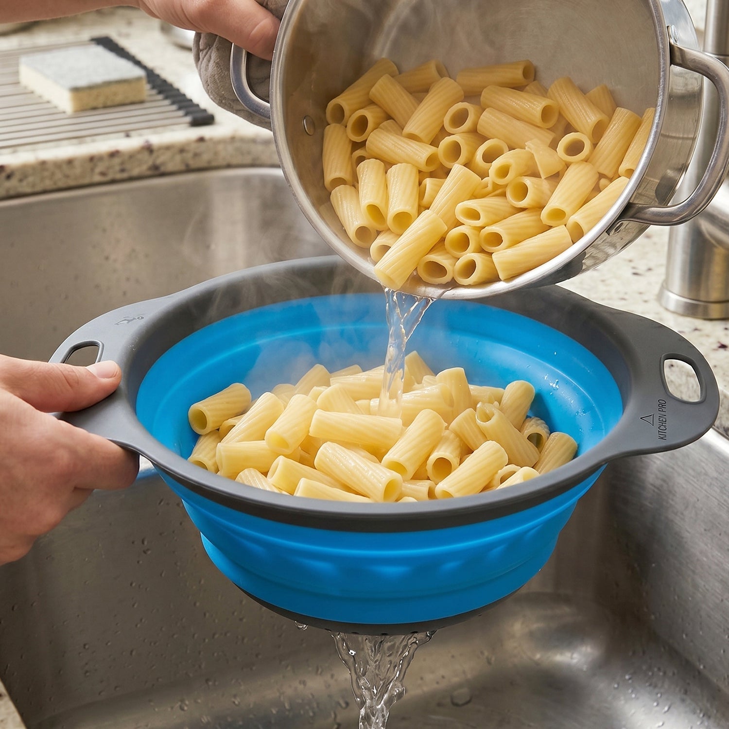 Sturdy silicone colander with fine drain holes for quick drainage.