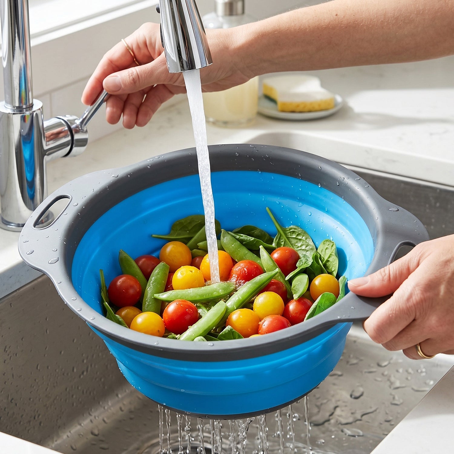 Silicone collapsible strainer displayed on a kitchen countertop.
