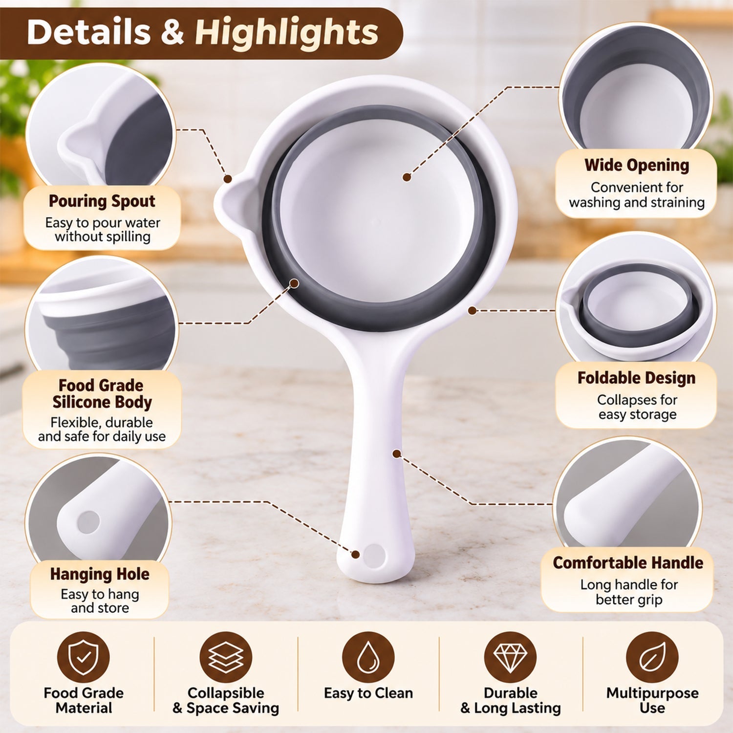 Overview of collapsible water scoop.