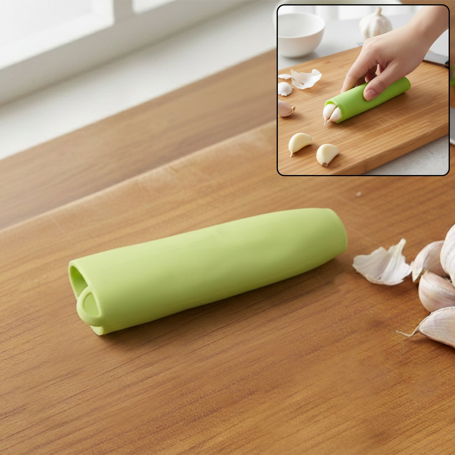 Silicone garlic peeler tube on white background