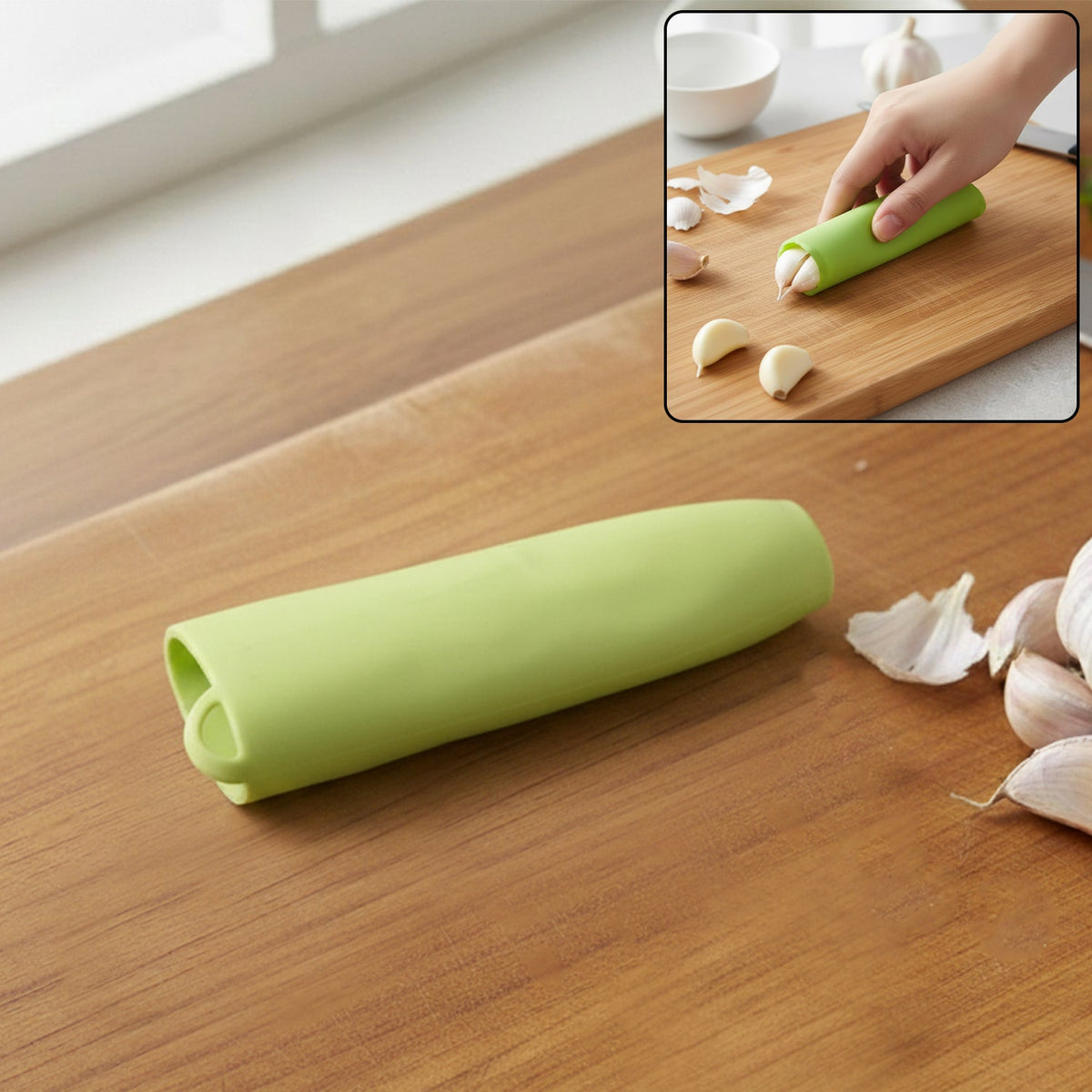 Silicone garlic peeler tube on white background