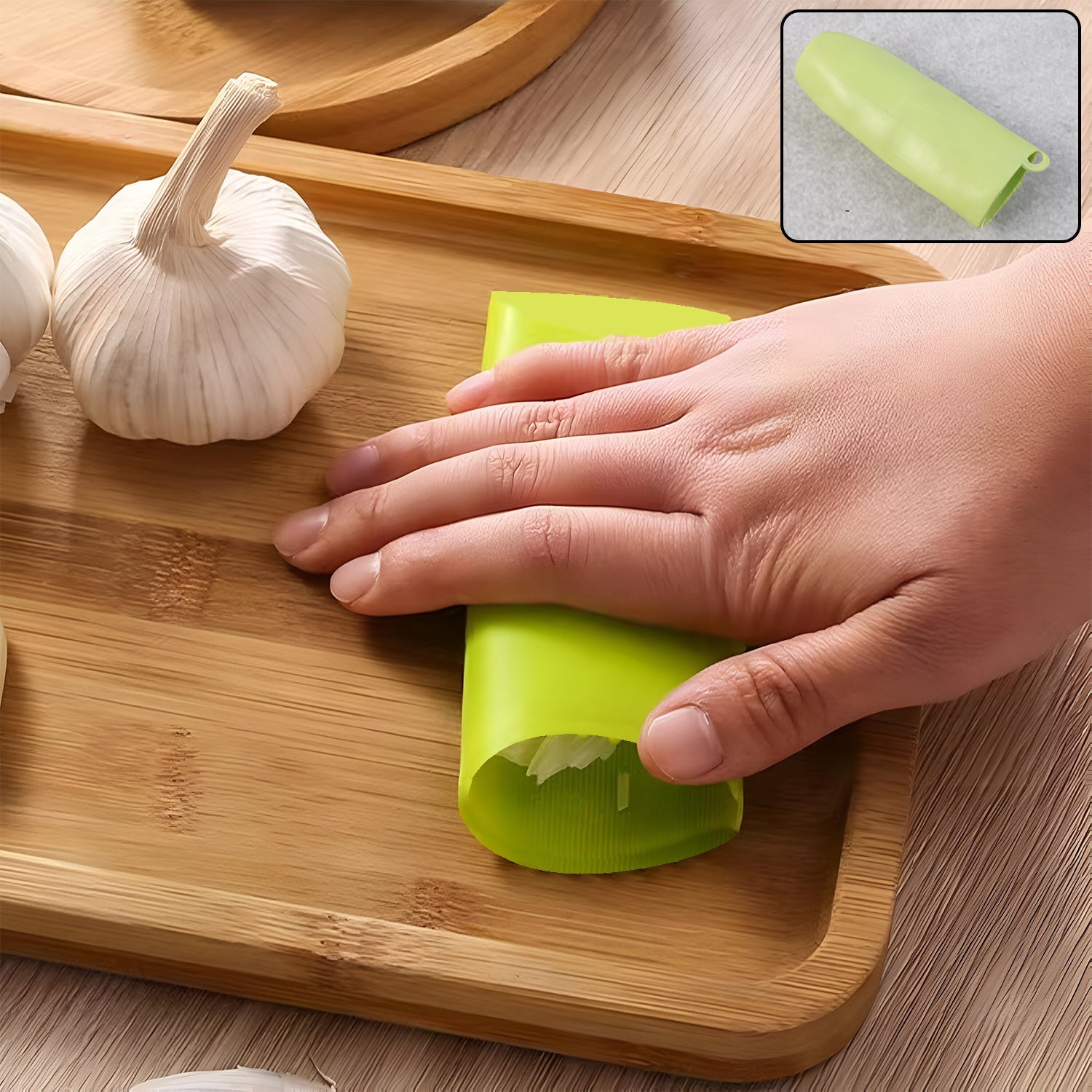 Garlic cloves peeled after using silicone peeler tube