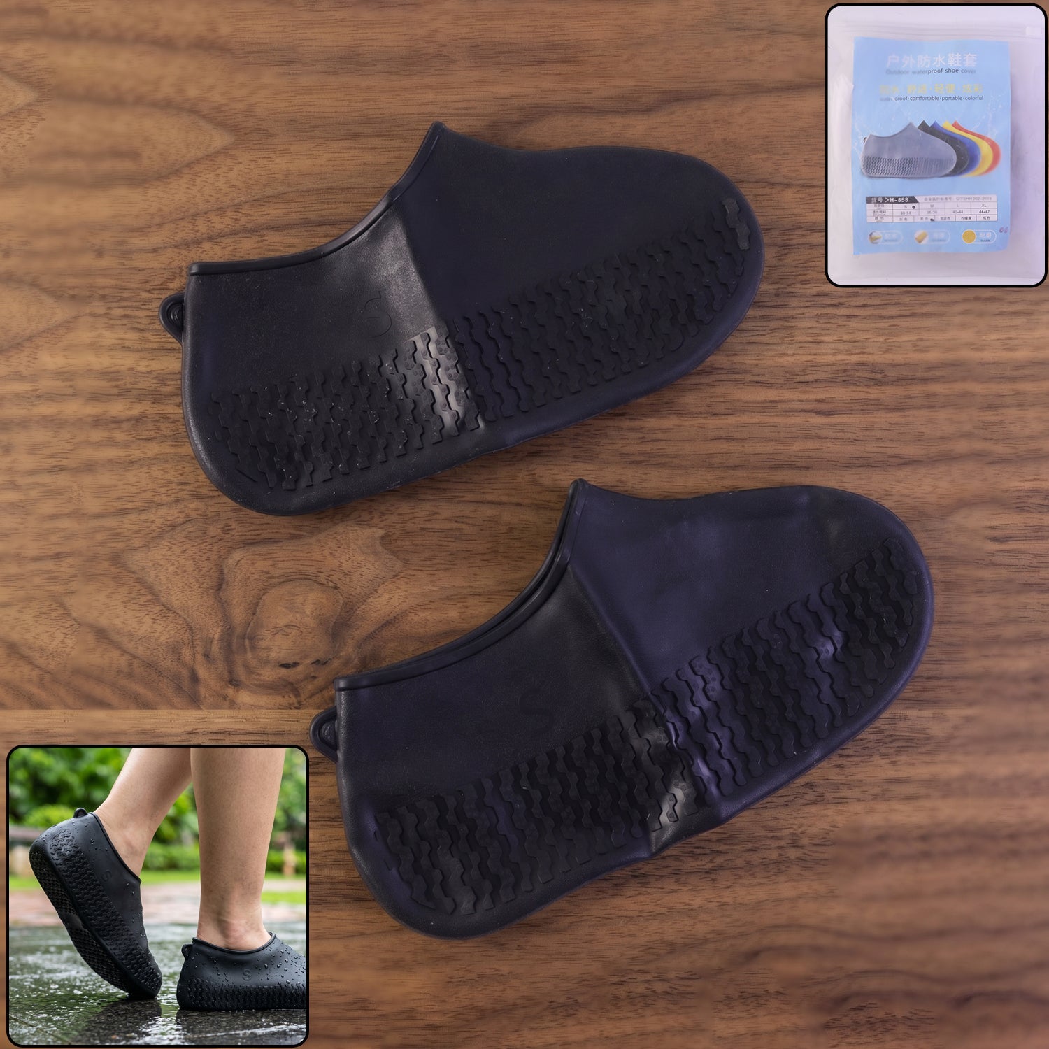 Black silicone waterproof rain shoe cover