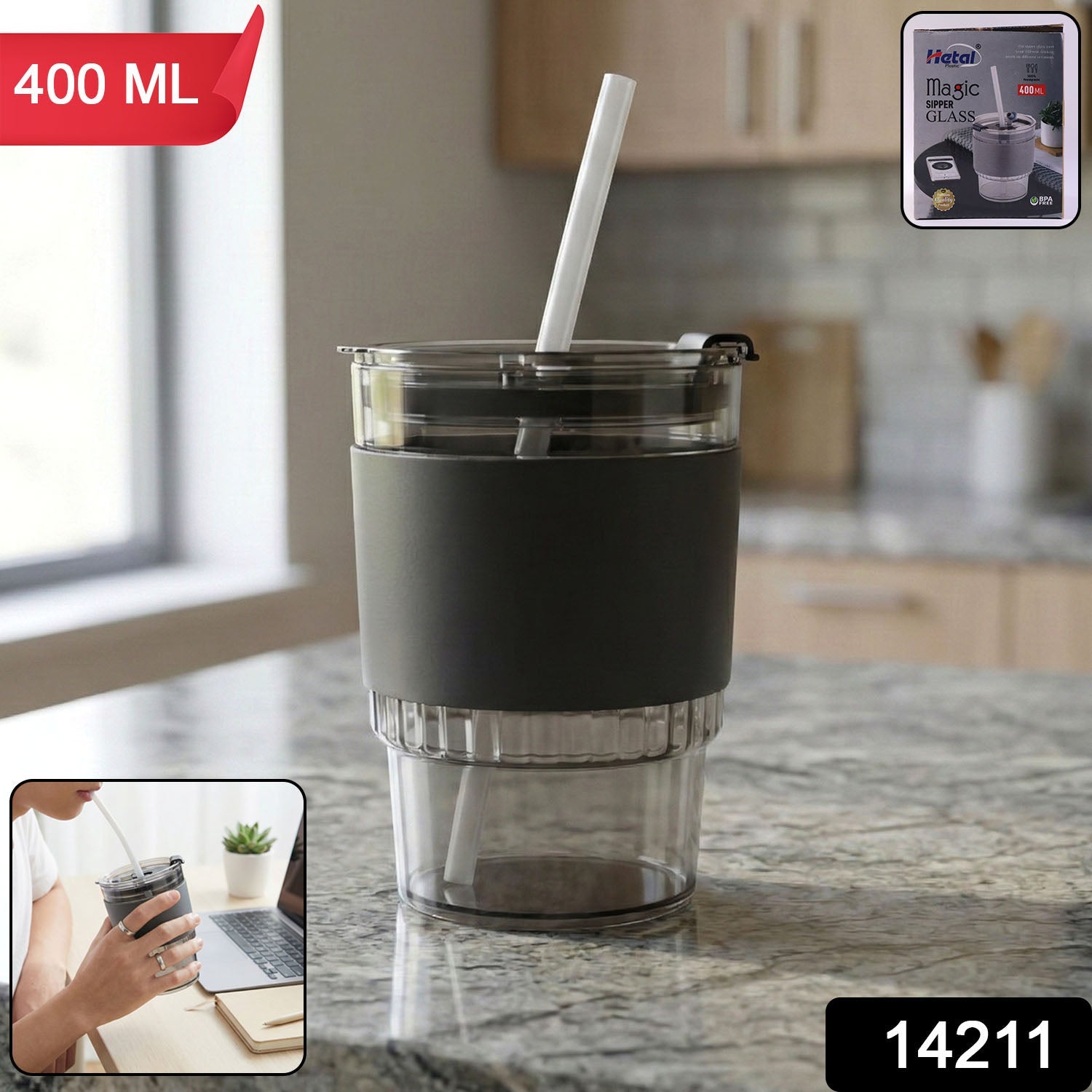 Monaco plastic tumbler showing lid and straw