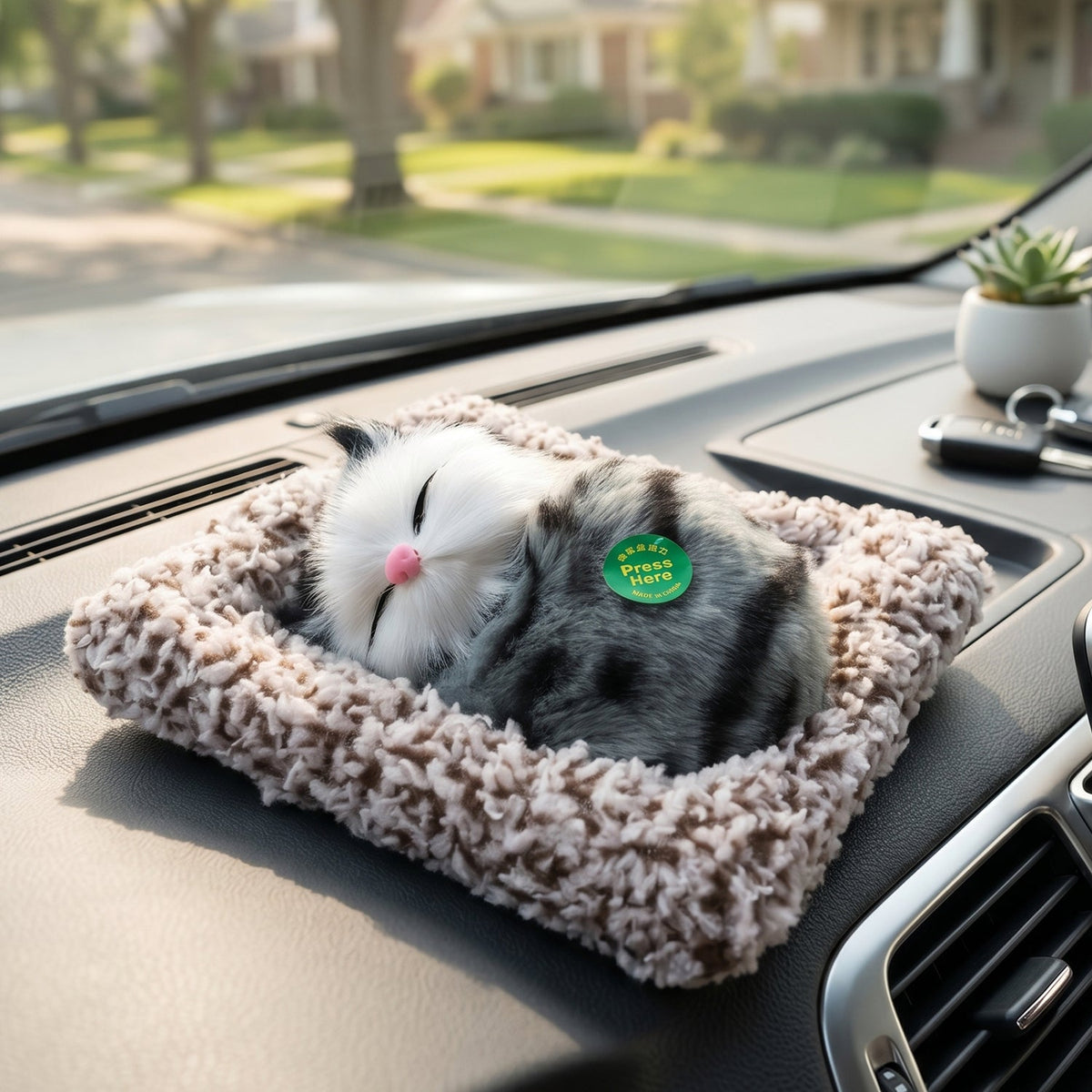 Plush open eye cat showpiece on white background