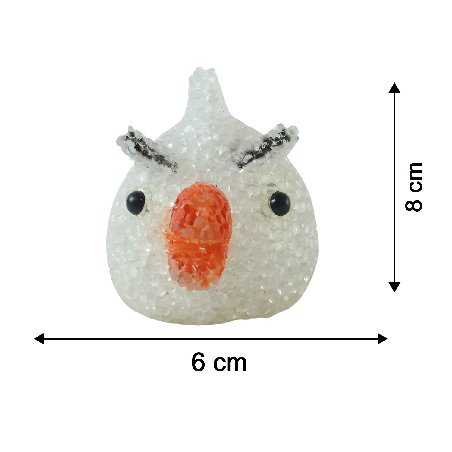 A white, unlit chick-shaped lamp with an orange beak and black eyes, showing dimensions of 8 cm height and 6 cm width.