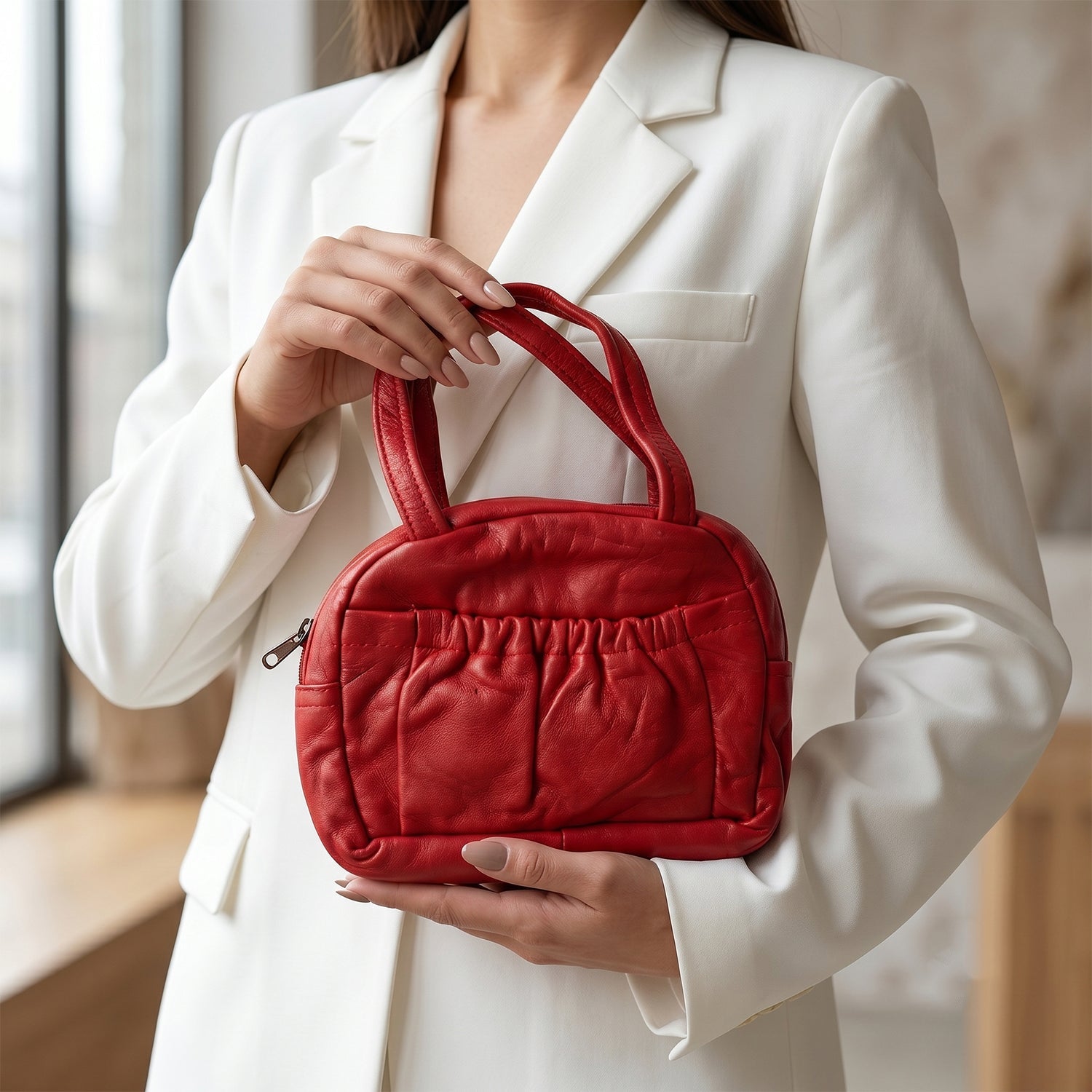 Bright red faux leather mini purse with handle and zipper