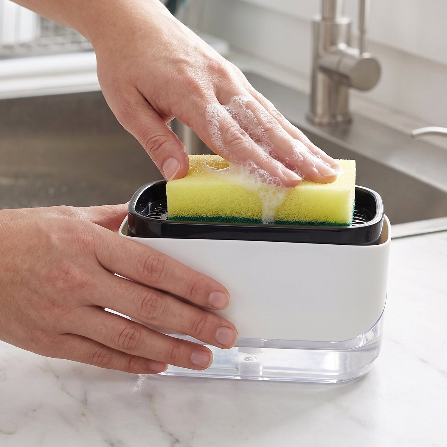 Sponge resting in the holder tray after use