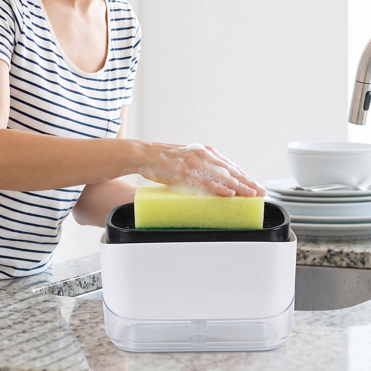 Close up of the press pump top on the soap dispenser