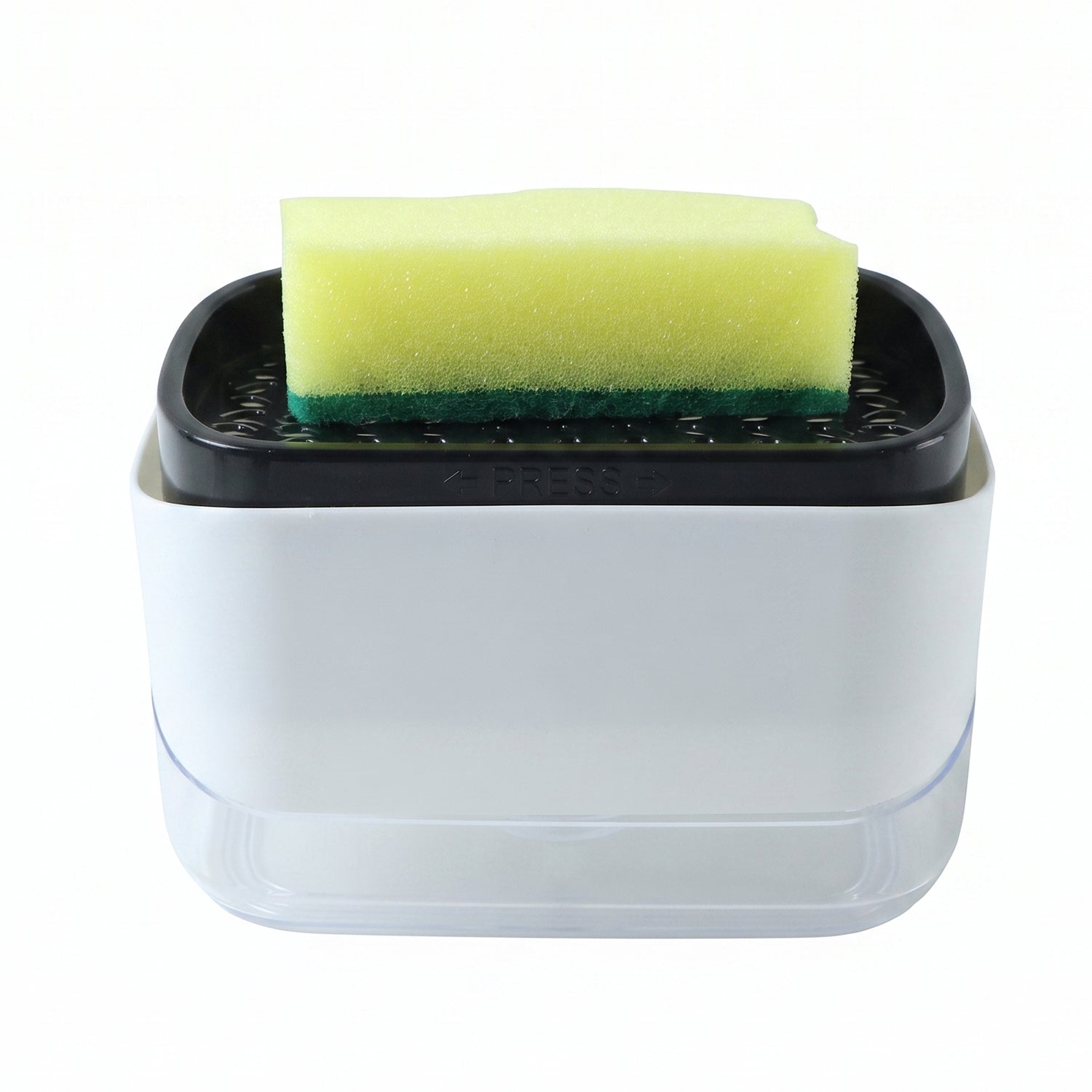 Soap pump dispenser with sponge holder on white background