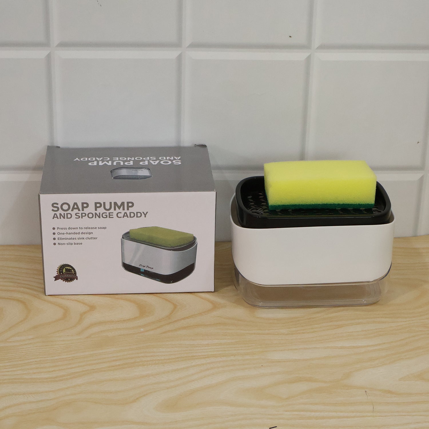 Live photo of 2 in 1 soap pump dispenser with sponge holder