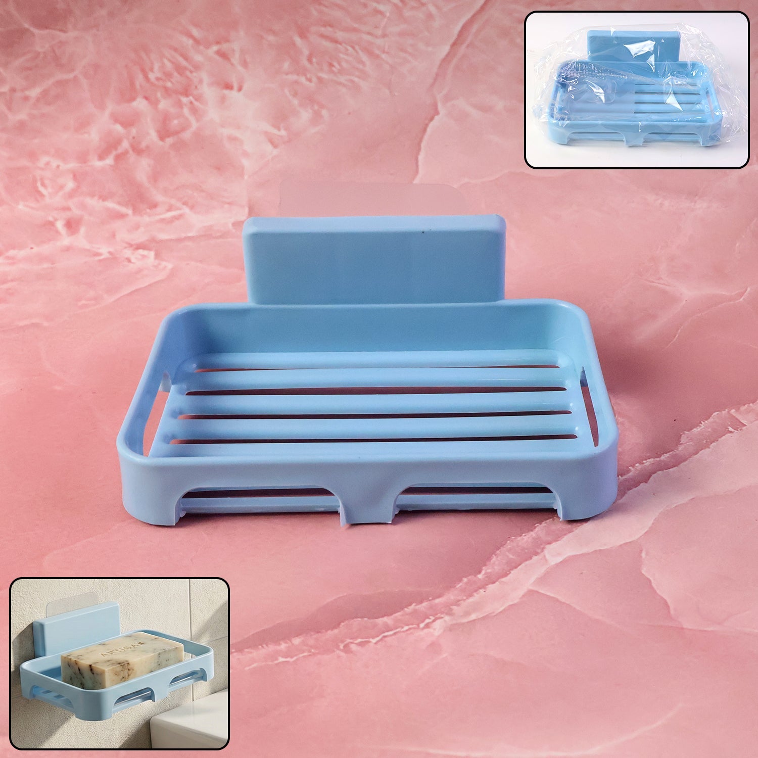Self-adhesive wall-mount plastic soap dish with drain slots