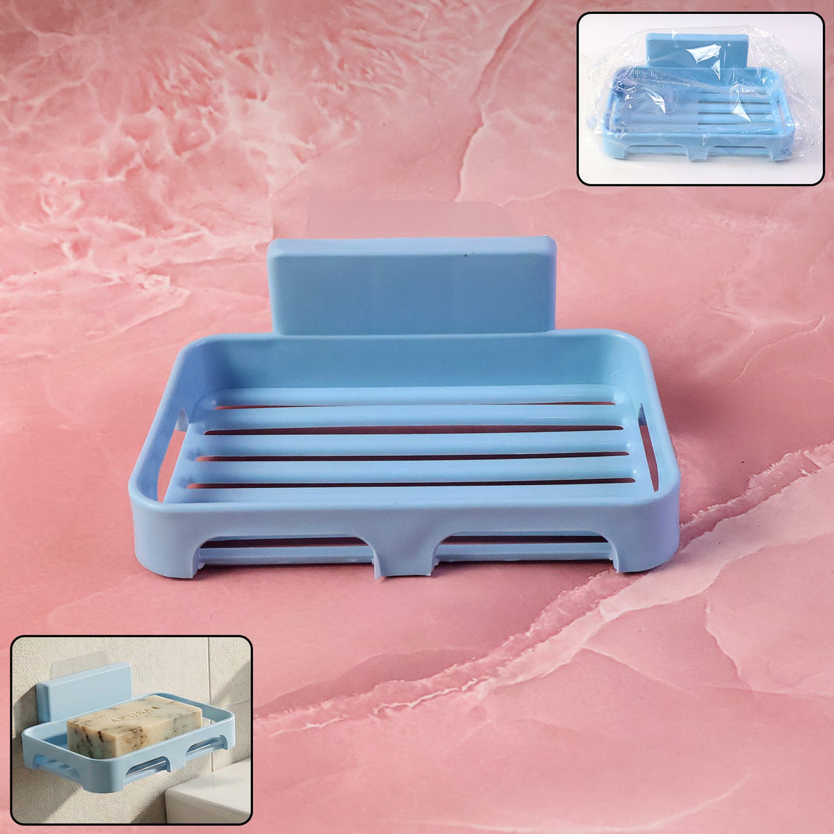 Self-adhesive wall-mount plastic soap dish with drain slots
