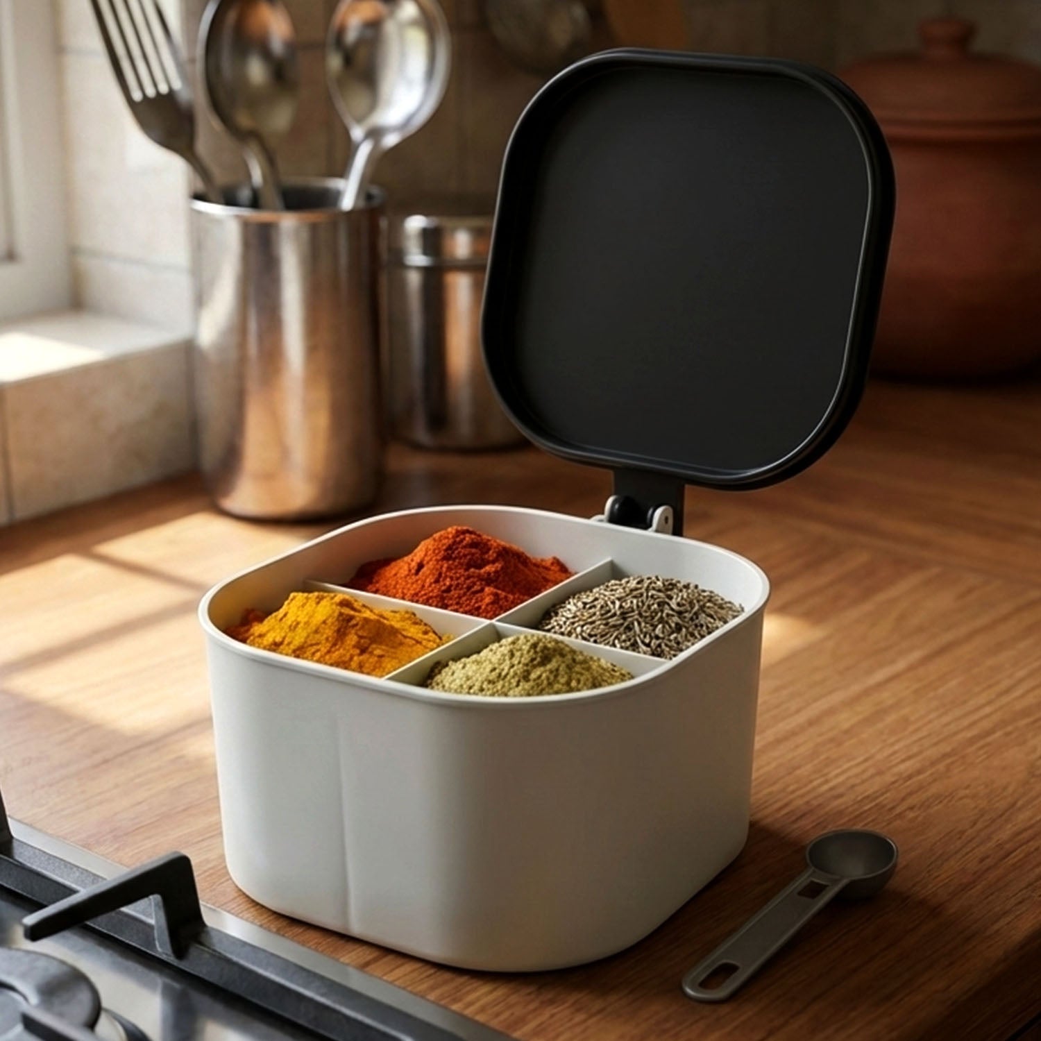 Side view of the plastic spice storage box