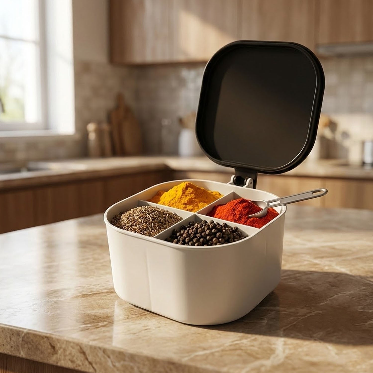 Top view of the 4-section spice container