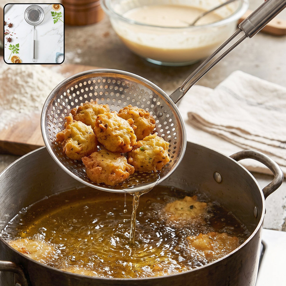 Stainless Steel Frying Strainer Skimmer Spoon with Long Handle (1 Pc)